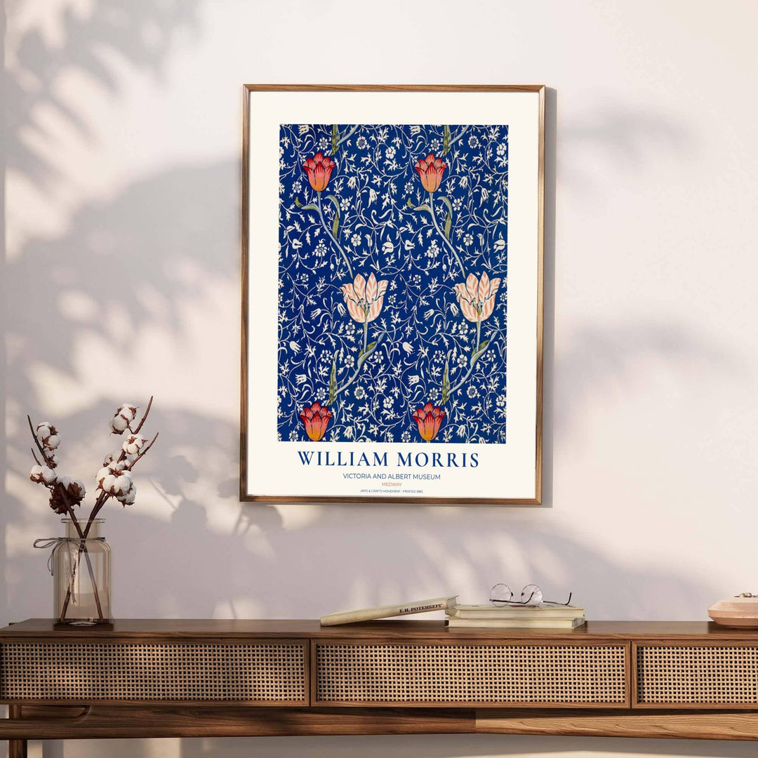 Fine art print of the William Morris Medway tulip design, ideal for vintage exhibition poster setups. MapYourDreams presents professional framed, unframed, and canvas options available for display.