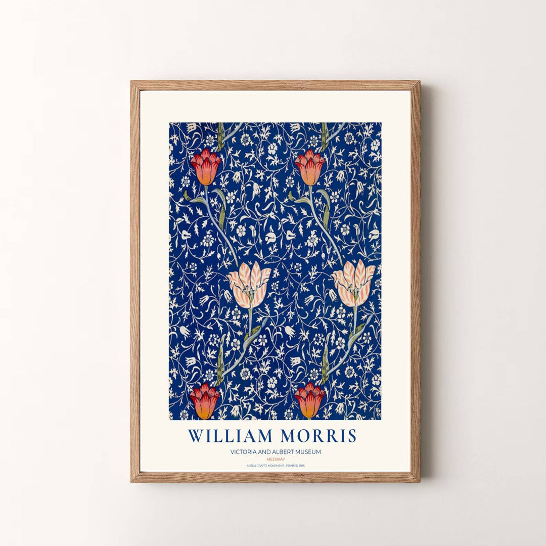 Elegant living room wall art print displaying 1885 William Morris red tulip vines by MapYourDreams. Explore our range of framed, unframed, and canvas options available to match your interior theme.
