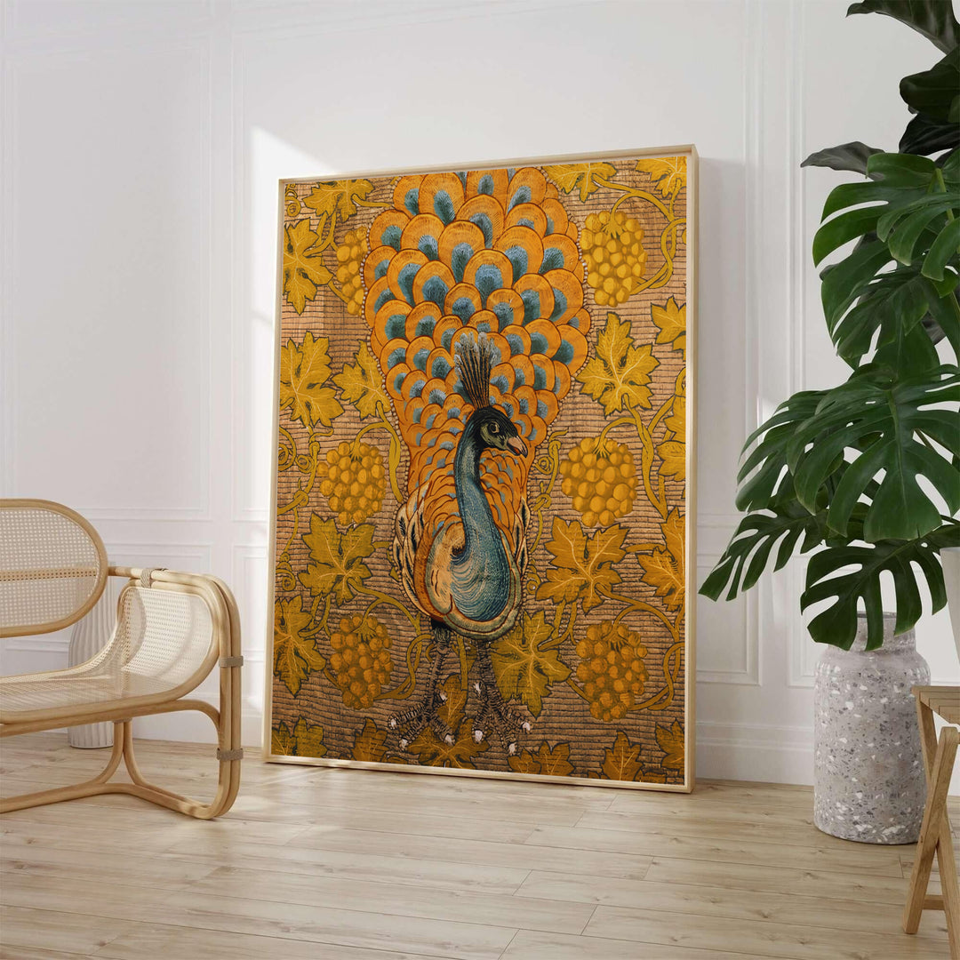 Woven textures form the backdrop of this William Morris Peacock Vine art print with blue and orange plumage. MapYourDreams provides archival framed, unframed, and canvas options available for warm bedroom gallery walls.