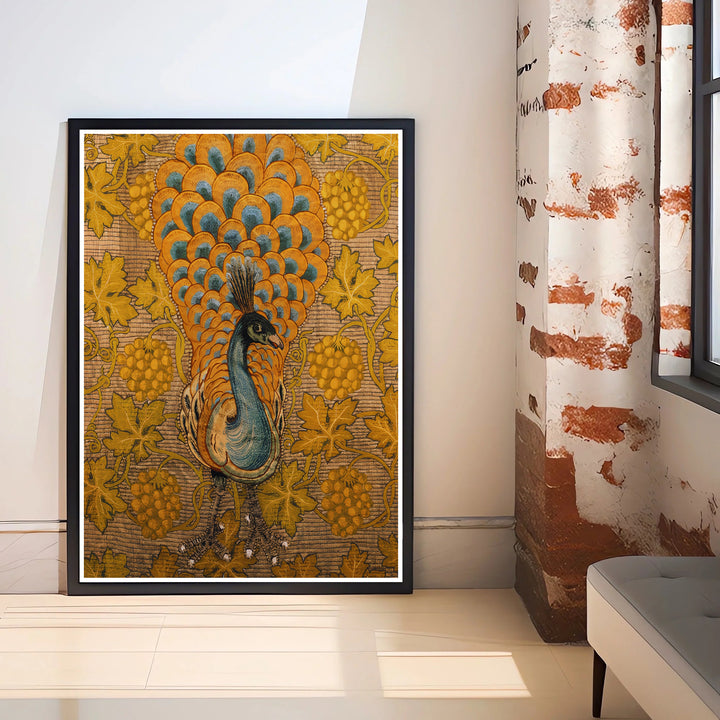 A bold peacock with a sweeping gold and blue tail rests among trailing vines in a seamless edge-to-edge wall art layout. Order beautiful framed, unframed, and canvas options available at MapYourDreams to create a warm, heritage-inspired focal point.