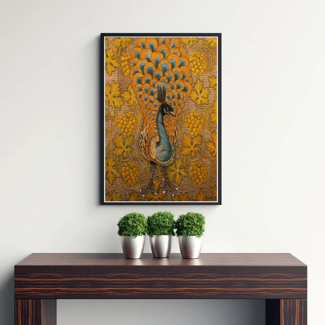 Vibrant teal and gold bird feathers pop beautifully in this William Morris Peacock Vine poster inspired by Victorian tapestry art. Select high-quality framed, unframed, and canvas options available at MapYourDreams for office decor.