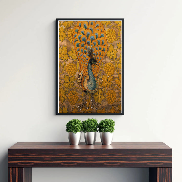 Vibrant teal and gold bird feathers pop beautifully in this William Morris Peacock Vine poster inspired by Victorian tapestry art. Select high-quality framed, unframed, and canvas options available at MapYourDreams for office decor.