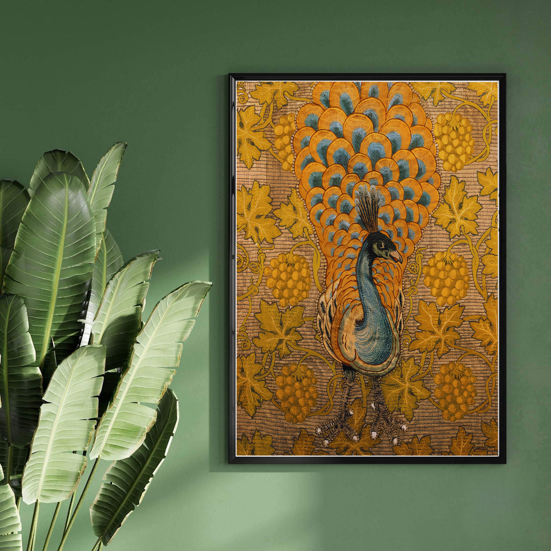 Golden grapes and trailing autumn leaves frame a striking peacock in this classic woven-style Victorian art layout. MapYourDreams delivers museum-grade framed, unframed, and canvas options available with fast, reliable shipping for art collectors.
