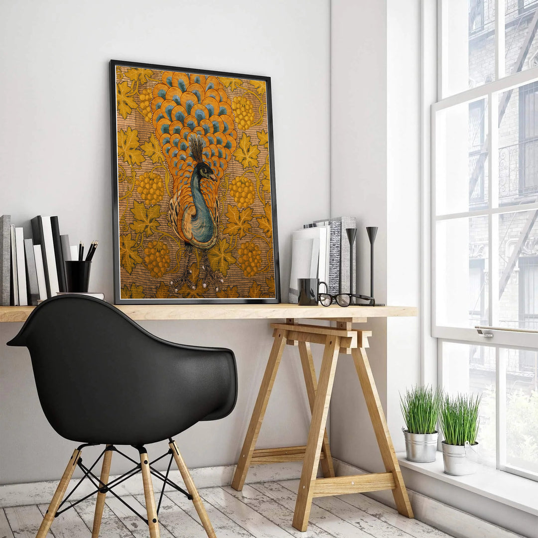 Golden grapes frame a striking bird in this classic William Morris Peacock Vine woven-style art layout. MapYourDreams delivers museum-grade framed, unframed, and canvas options available with fast shipping for art collectors.
