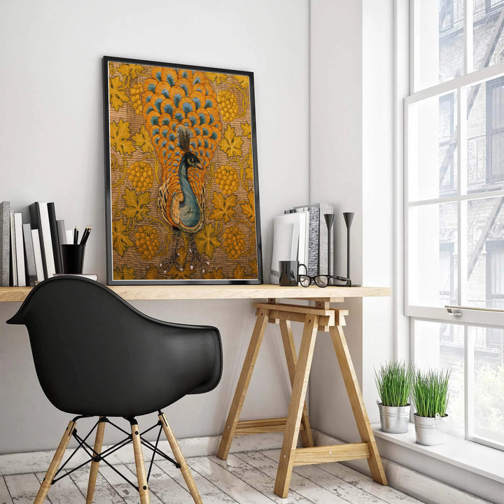 Golden grapes frame a striking bird in this classic William Morris Peacock Vine woven-style art layout. MapYourDreams delivers museum-grade framed, unframed, and canvas options available with fast shipping for art collectors.