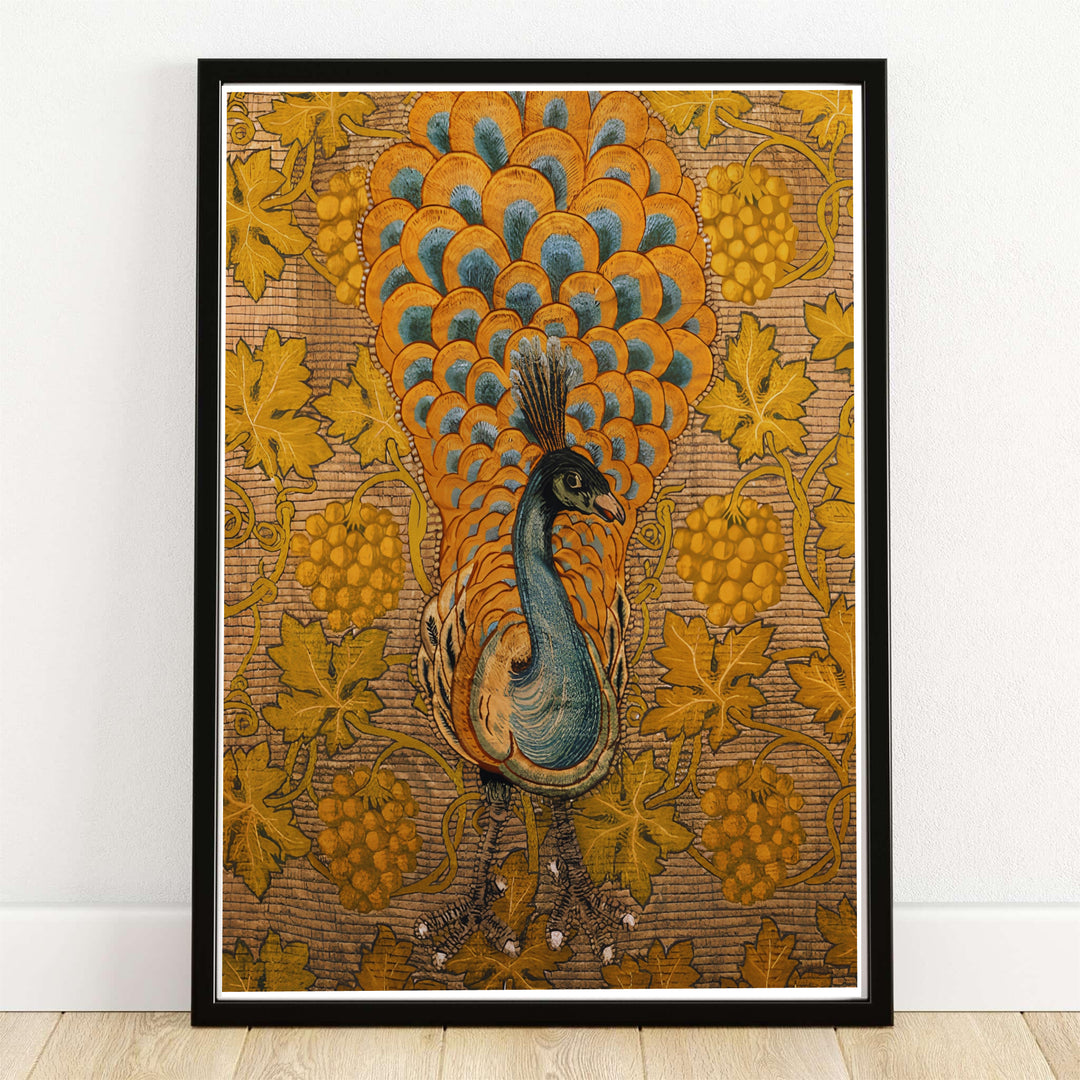 William Morris Peacock Vine print featuring a teal and gold bird surrounded by grapevines. MapYourDreams supplies this vintage tapestry art in framed, unframed, and canvas options available for rustic home wall decor.