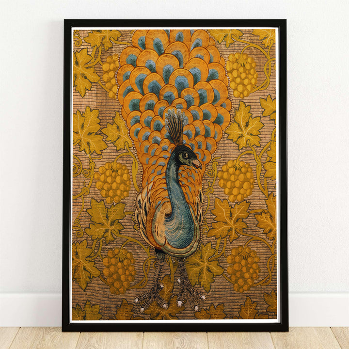 William Morris Peacock Vine print featuring a teal and gold bird surrounded by grapevines. MapYourDreams supplies this vintage tapestry art in framed, unframed, and canvas options available for rustic home wall decor.