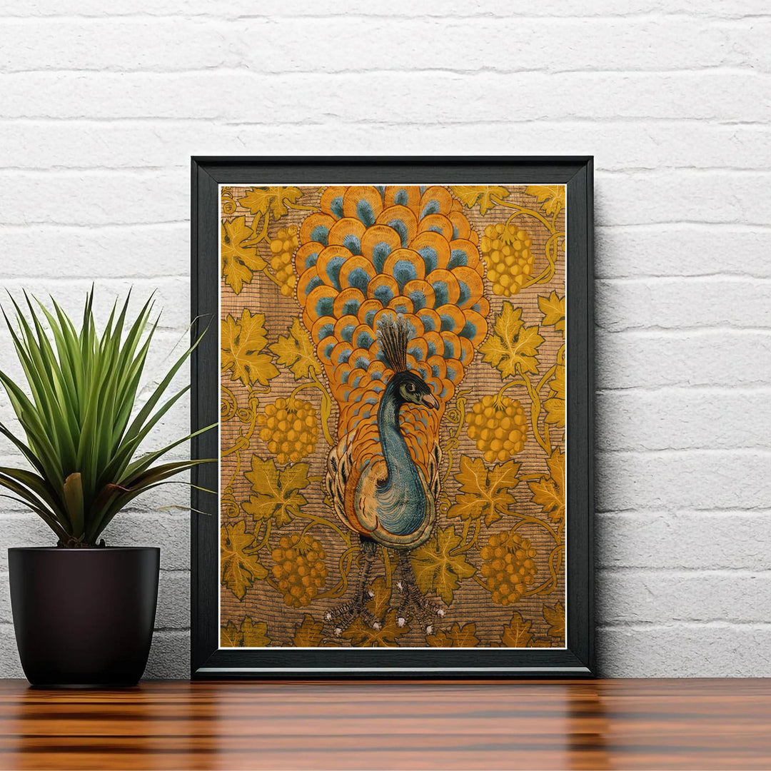 A single regal peacock rendered in orange and blue anchors this beautiful 19th-century British animal art poster. Shop premium framed, unframed, and canvas options available online today from MapYourDreams to elevate your cozy living room walls.