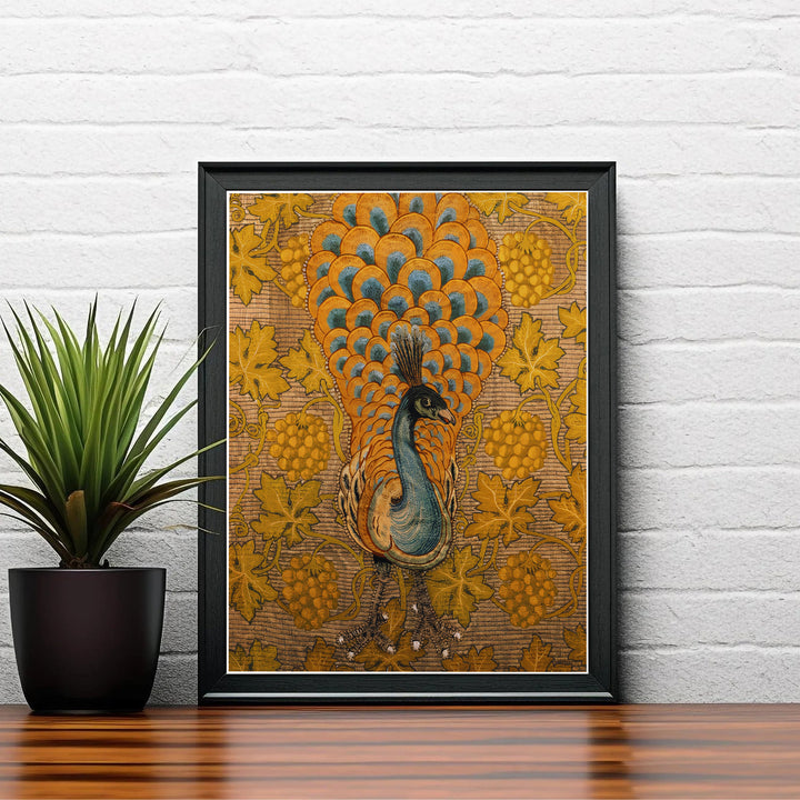 A single regal peacock rendered in orange and blue anchors this beautiful 19th-century British animal art poster. Shop premium framed, unframed, and canvas options available online today from MapYourDreams to elevate your cozy living room walls.