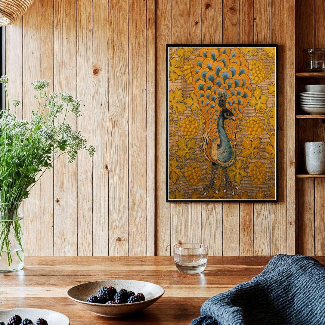A bold bird rests among trailing vines in a seamless William Morris Peacock Vine wall art print layout. Order beautiful framed, unframed, and canvas options available at MapYourDreams to create a heritage-inspired focal point.