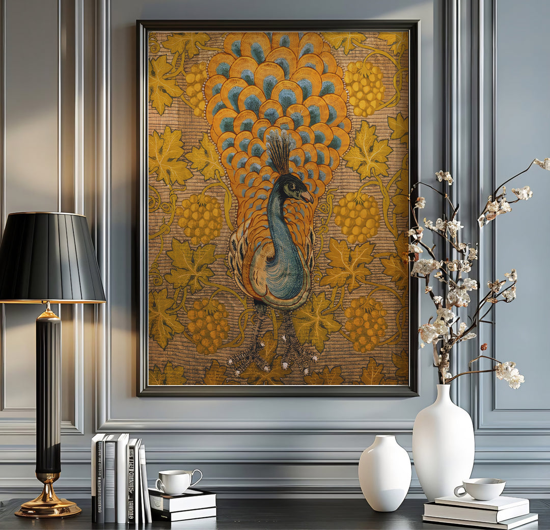 Inspired by Arts and Crafts textiles, this William Morris Peacock Vine print uses golden yellow and deep teal shades. Explore versatile framed, unframed, and canvas options available at MapYourDreams for your hallway gallery setup.