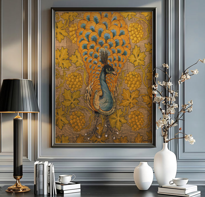Inspired by Arts and Crafts textiles, this William Morris Peacock Vine print uses golden yellow and deep teal shades. Explore versatile framed, unframed, and canvas options available at MapYourDreams for your hallway gallery setup.