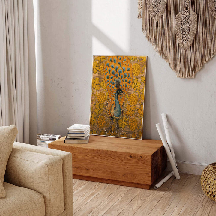 A regal orange and blue bird anchors this 19th-century William Morris Peacock Vine poster. Shop premium framed, unframed, and canvas options available online today from MapYourDreams to elevate your cozy living room walls.