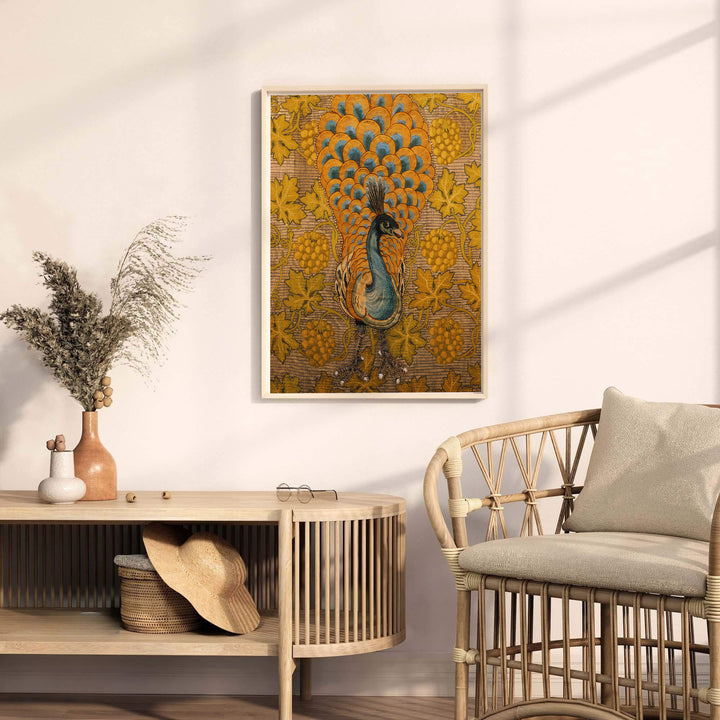 Earthy brown wallpaper graphics blend with teal bird highlights in this William Morris Peacock Vine print. Choose tailored framed, unframed, and canvas options available at MapYourDreams to coordinate with eclectic home interiors.