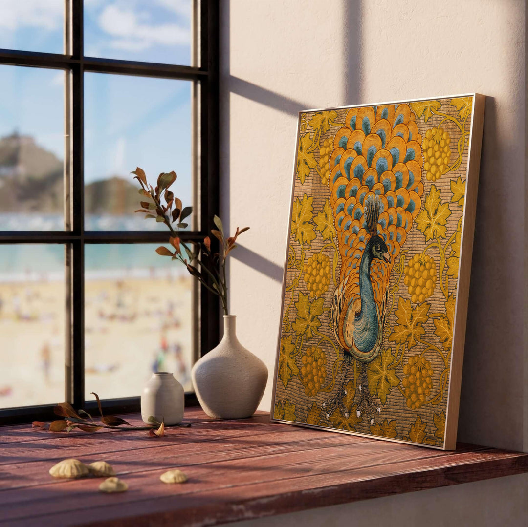 Rich golden grape clusters surround a majestic bird in this William Morris Peacock Vine wall poster. Find durable framed, unframed, and canvas options available at MapYourDreams to complete your living room gallery design.
