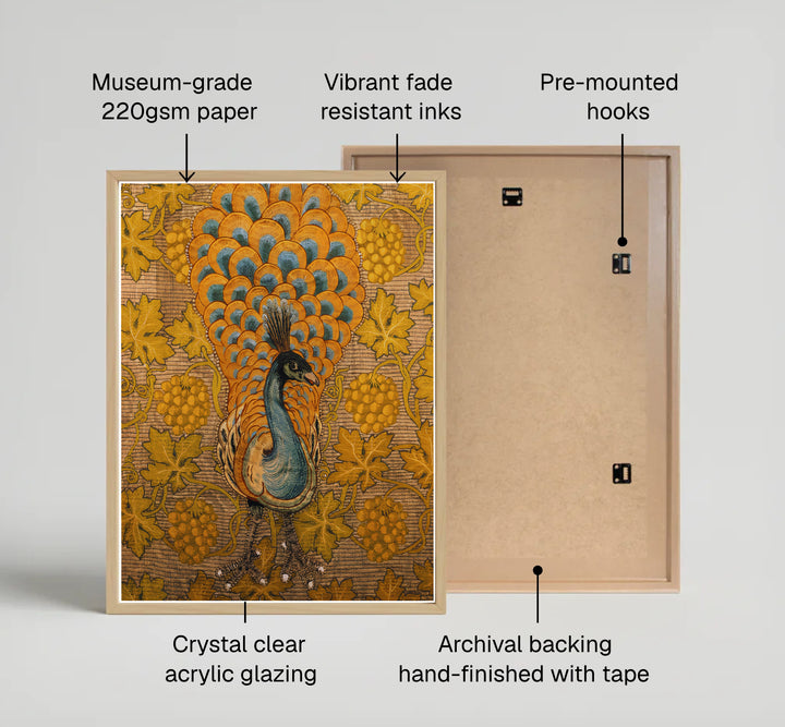 Vibrant teal and gold bird feathers pop beautifully against an earthy woven canvas pattern inspired by Victorian tapestry art. Select high-quality framed, unframed, and canvas options available at MapYourDreams for classic office or entryway decor.