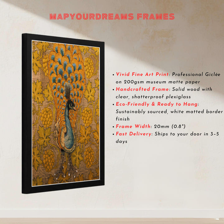 Golden autumn foliage surrounds a blue-necked bird in this restored William Morris Peacock Vine wall poster. Buy long-lasting framed, unframed, and canvas options available at MapYourDreams to expand your home art collection.