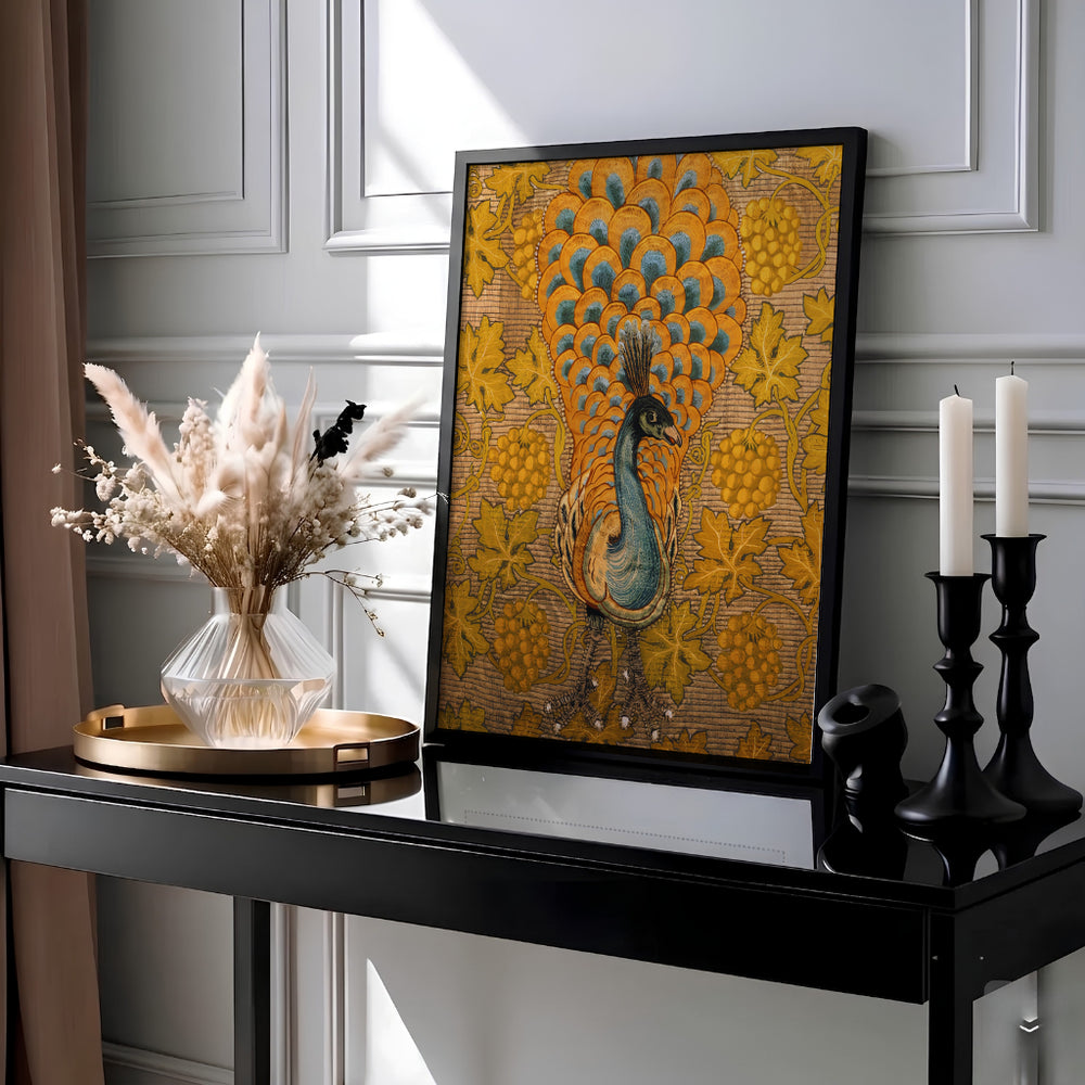 Rich golden grape clusters and green-gold leaves surround a majestic peacock in this William Morris wall poster. Find durable framed, unframed, and canvas options available at MapYourDreams to complete your traditional living room gallery design.