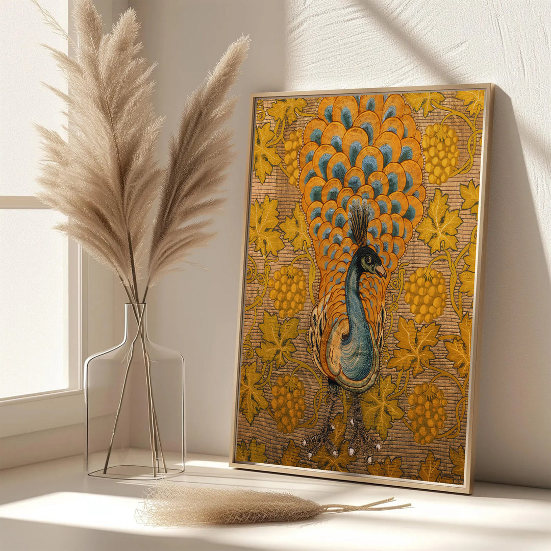 Deep blue accents pop against a brown woven background in this full-bleed William Morris Peacock Vine poster. Select high-grade framed, unframed, and canvas options available at MapYourDreams to enhance your entryway decor.