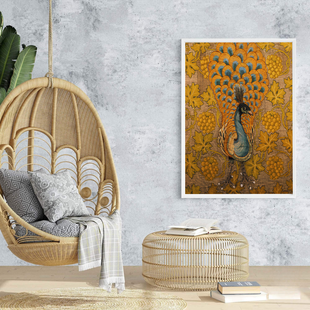 A tall standing bird and swirling grape tendrils create a restful pattern in this William Morris Peacock Vine print. MapYourDreams features high-resolution framed, unframed, and canvas options available for elegant bedrooms.