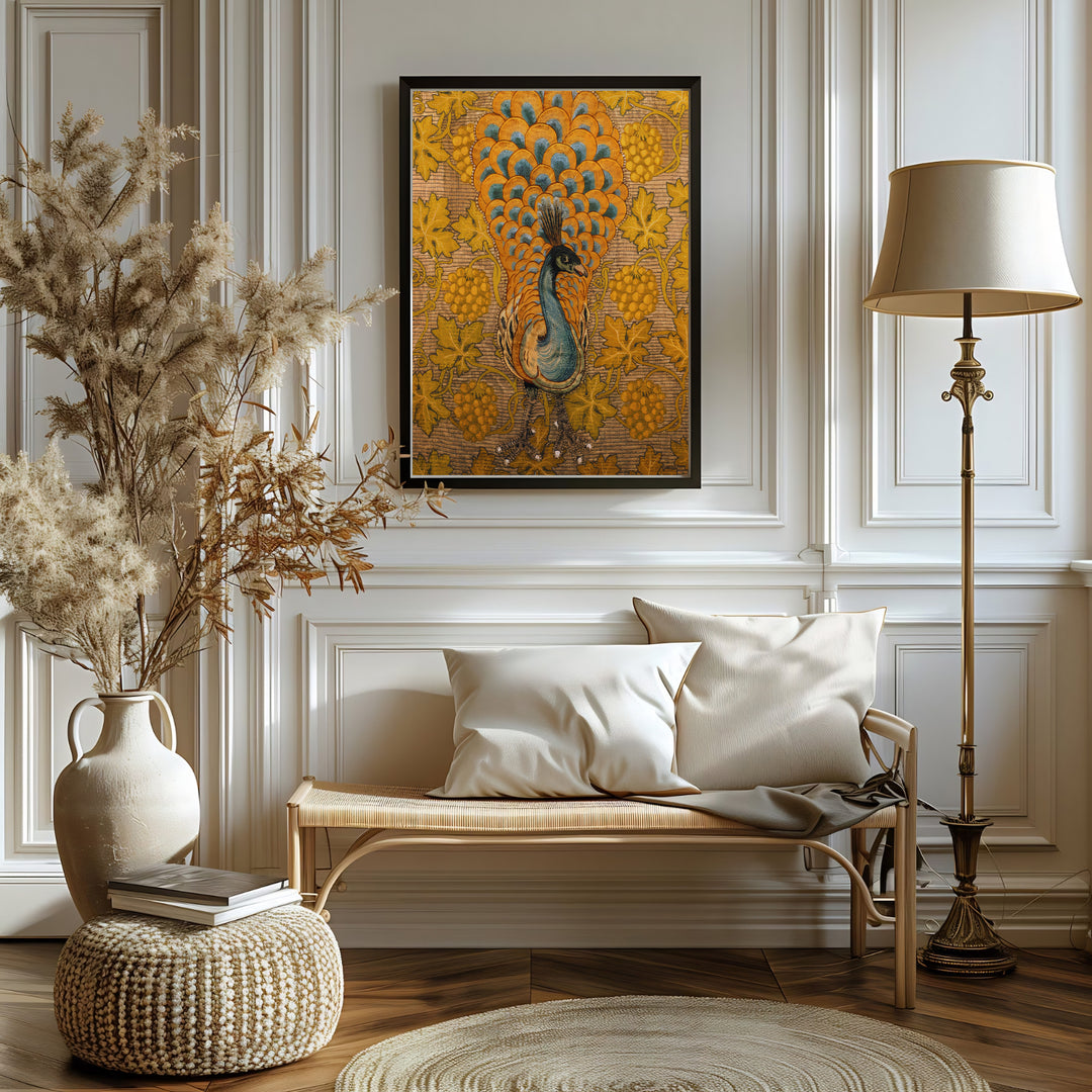 Rich golden yellow and muted brown colors lend a cozy feel to this William Morris Peacock Vine art layout. Browse archival framed, unframed, and canvas options available at MapYourDreams to build a vintage gallery wall.