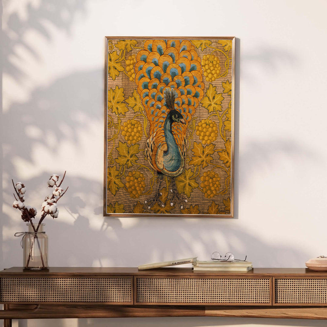 Yellow grape clusters weave around a central bird in this William Morris Peacock Vine tapestry design for wall decor. MapYourDreams offers versatile framed, unframed, and canvas options available to refresh your dining area.