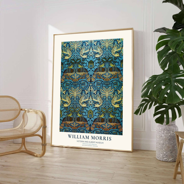 Regal teal blue and gold art poster by William Morris, perfect for dining room wall art. Select your favorite framed, unframed, and canvas options available at MapYourDreams for a dramatic decorative look.