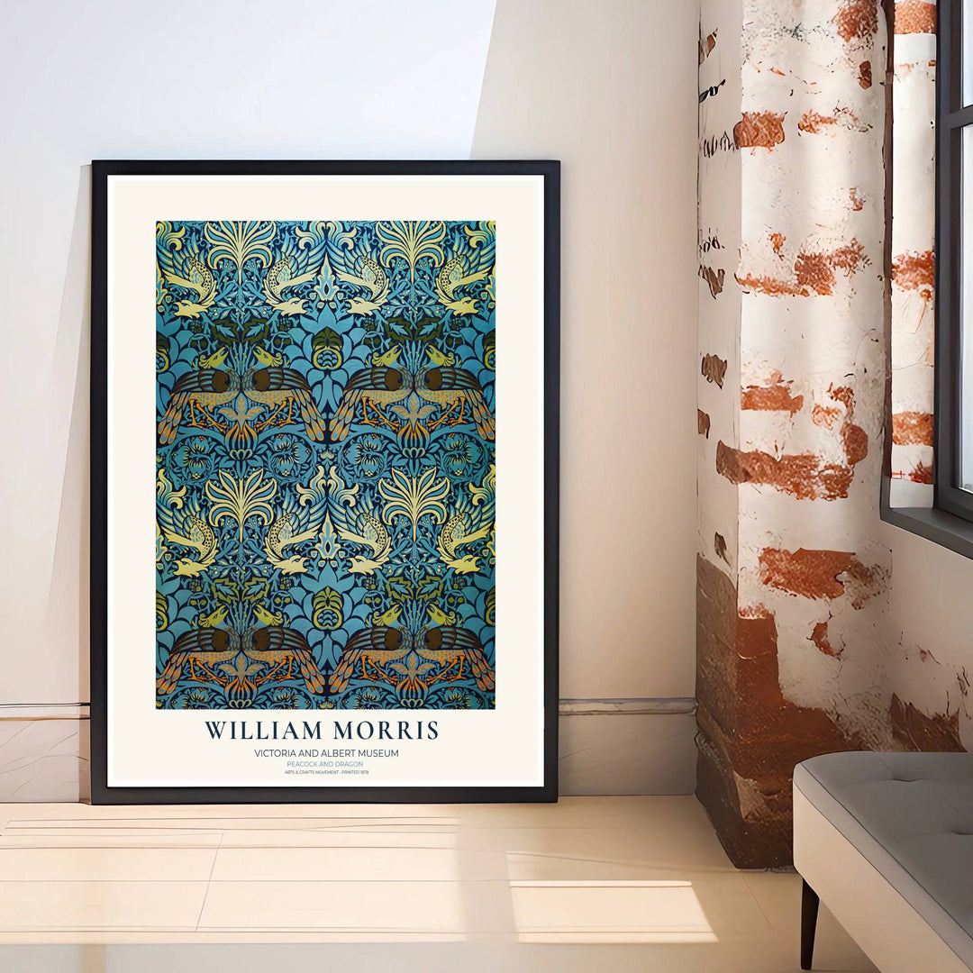 Classic William Morris tapestry design showing paired peacocks in a V&amp;A museum border. MapYourDreams brings fine art framed, unframed, and canvas options available to elevate your entryway or gallery wall.