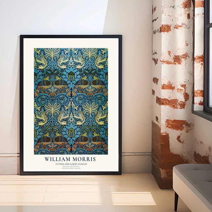 Classic William Morris tapestry design showing paired peacocks in a V&amp;A museum border. MapYourDreams brings fine art framed, unframed, and canvas options available to elevate your entryway or gallery wall.