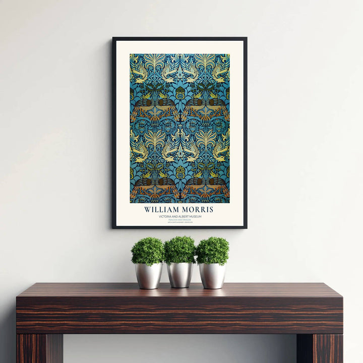 Teal blue and ochre gold peacock exhibition print for traditional home wall decor. Order archival-quality framed, unframed, and canvas options available at MapYourDreams for rich color and lasting quality.