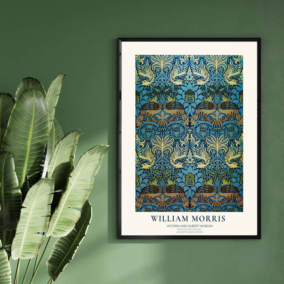 High-contrast peacock and dragon pattern artwork by William Morris for vintage decor. Choose premium framed, unframed, and canvas options available at MapYourDreams to suit your custom picture frame choices.