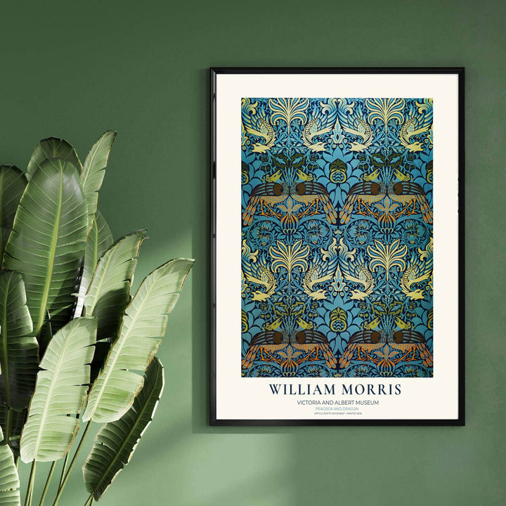 High-contrast peacock and dragon pattern artwork by William Morris for vintage decor. Choose premium framed, unframed, and canvas options available at MapYourDreams to suit your custom picture frame choices.