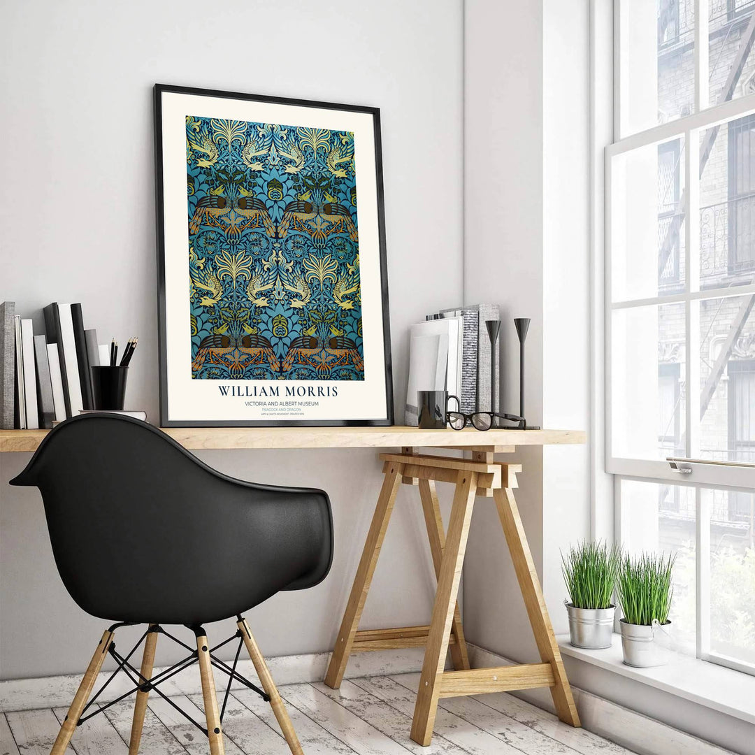 Dramatic teal and gold wall art print highlighting William Morris&