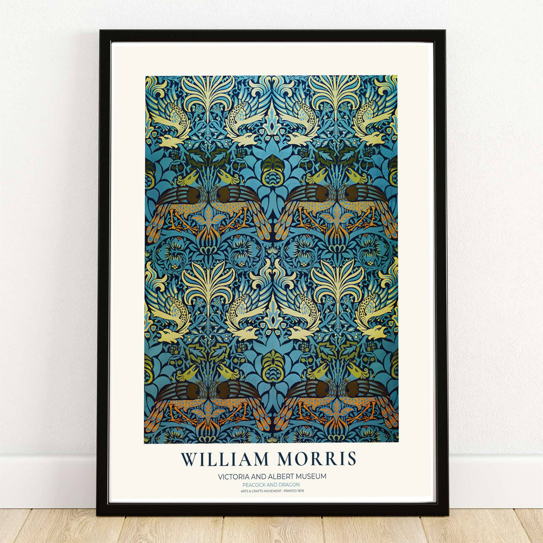 William Morris Peacock and Dragon print with golden peacocks on teal blue. MapYourDreams provides this medieval tapestry artwork in framed, unframed, and canvas options available for living room wall decor.