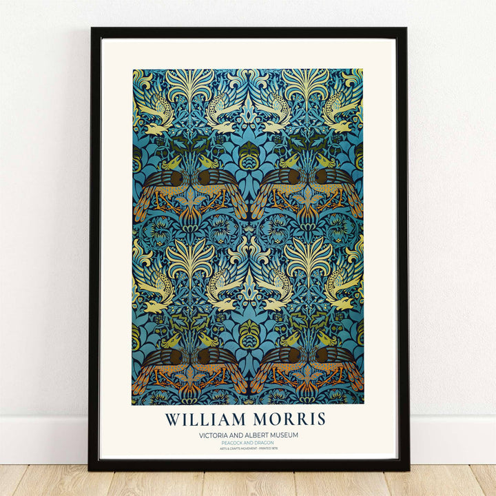 William Morris Peacock and Dragon print with golden peacocks on teal blue. MapYourDreams provides this medieval tapestry artwork in framed, unframed, and canvas options available for living room wall decor.