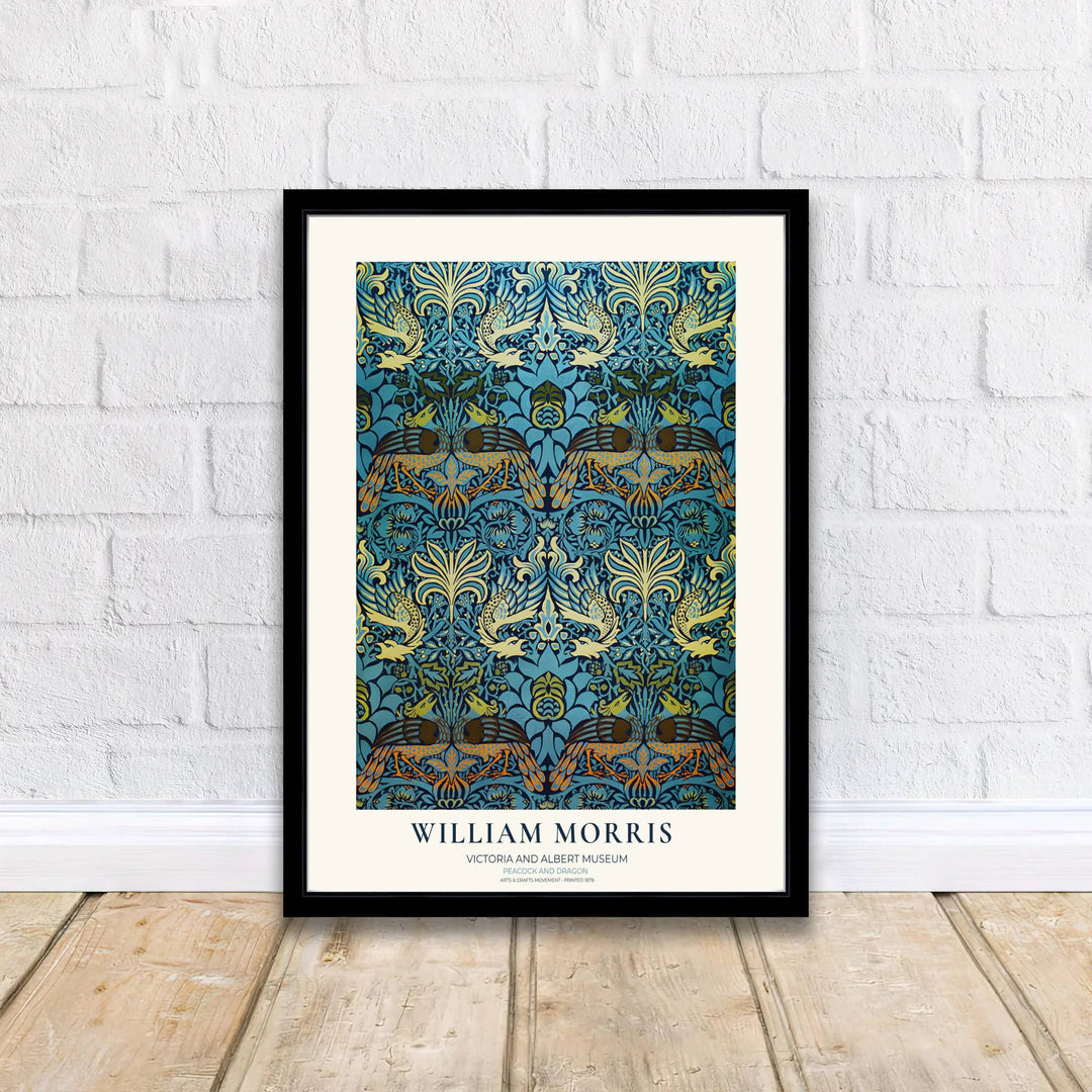 Historic 1878 English woven tapestry poster featuring William Morris peacocks and dragons. Explore versatile framed, unframed, and canvas options available at MapYourDreams for vintage gallery wall layouts.