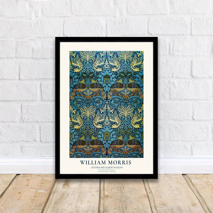 Historic 1878 English woven tapestry poster featuring William Morris peacocks and dragons. Explore versatile framed, unframed, and canvas options available at MapYourDreams for vintage gallery wall layouts.