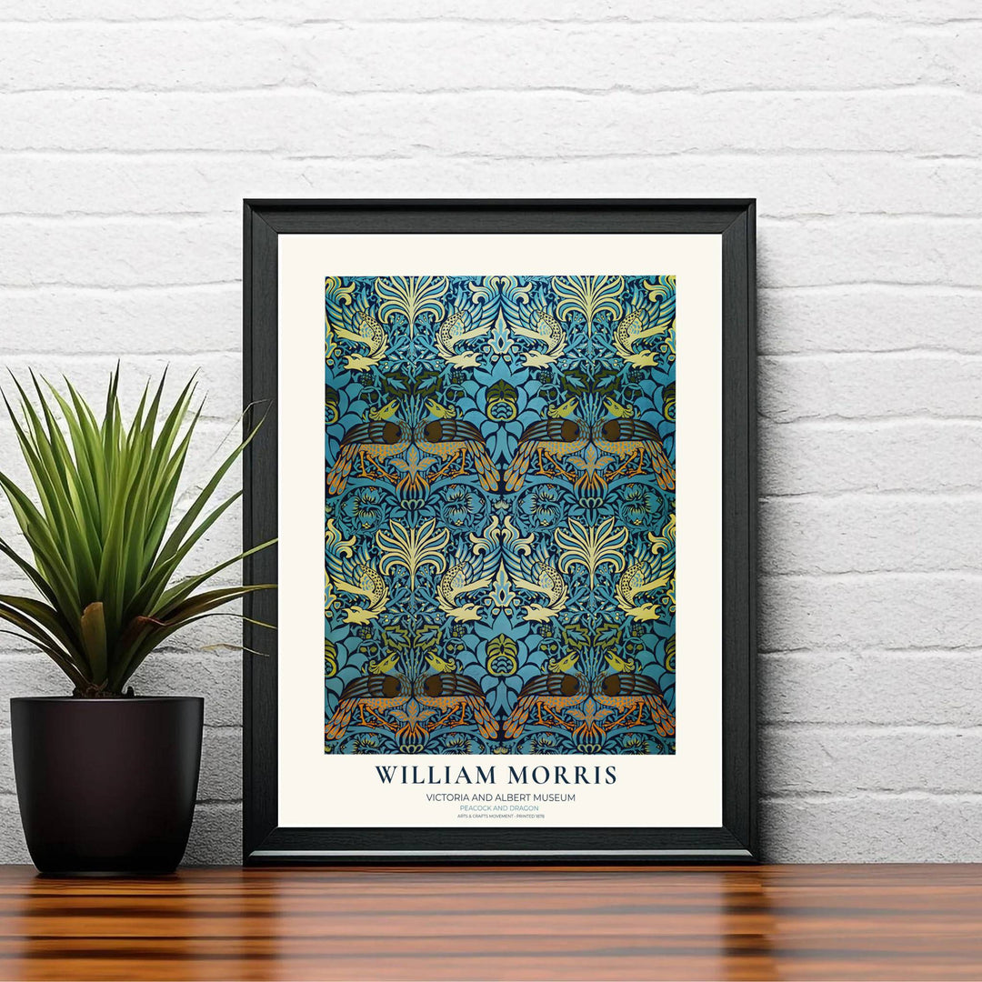 Symmetrical golden peacocks and teal acanthus scrollwork in a fine art print from MapYourDreams. Browse our collection of elegant framed, unframed, and canvas options available for modern home wall decor.