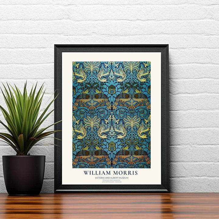 Symmetrical golden peacocks and teal acanthus scrollwork in a fine art print from MapYourDreams. Browse our collection of elegant framed, unframed, and canvas options available for modern home wall decor.