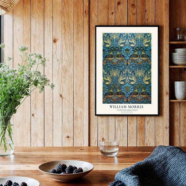 Archival quality William Morris peacock and dragon poster printed on durable matte paper. Find stunning framed, unframed, and canvas options available at MapYourDreams to complement your room colors.