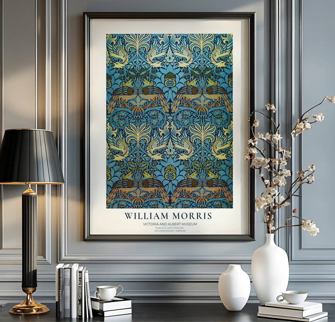 Charming vintage tapestry poster showing classic 19th-century William Morris peacock foliage. MapYourDreams features top-quality framed, unframed, and canvas options available for any room design preference.