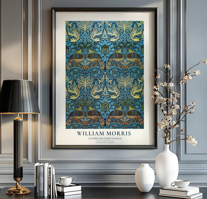 Charming vintage tapestry poster showing classic 19th-century William Morris peacock foliage. MapYourDreams features top-quality framed, unframed, and canvas options available for any room design preference.