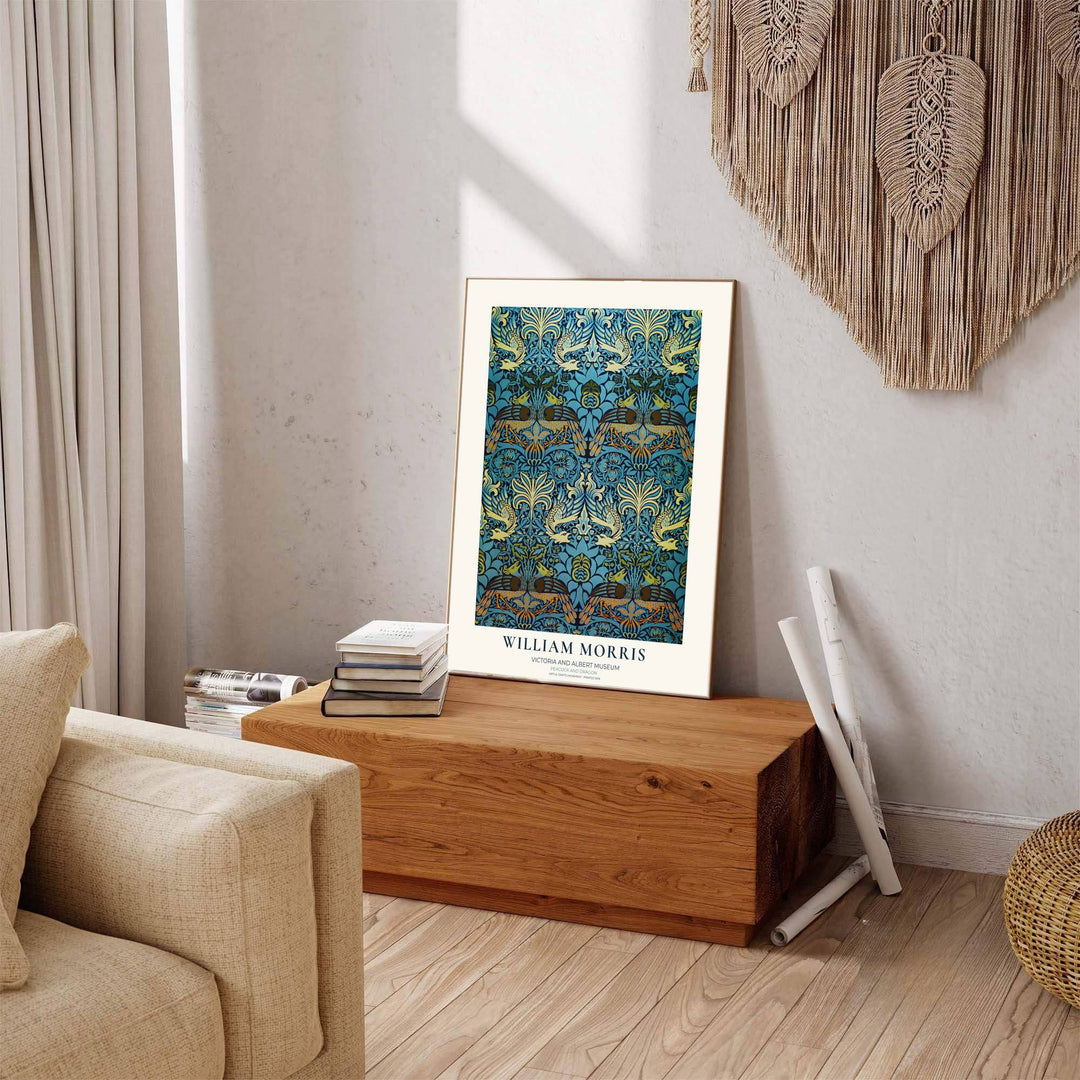Restored 1878 William Morris Peacock and Dragon artwork combining medieval craft with modern frames. MapYourDreams delivers beautiful framed, unframed, and canvas options available for your home decor.