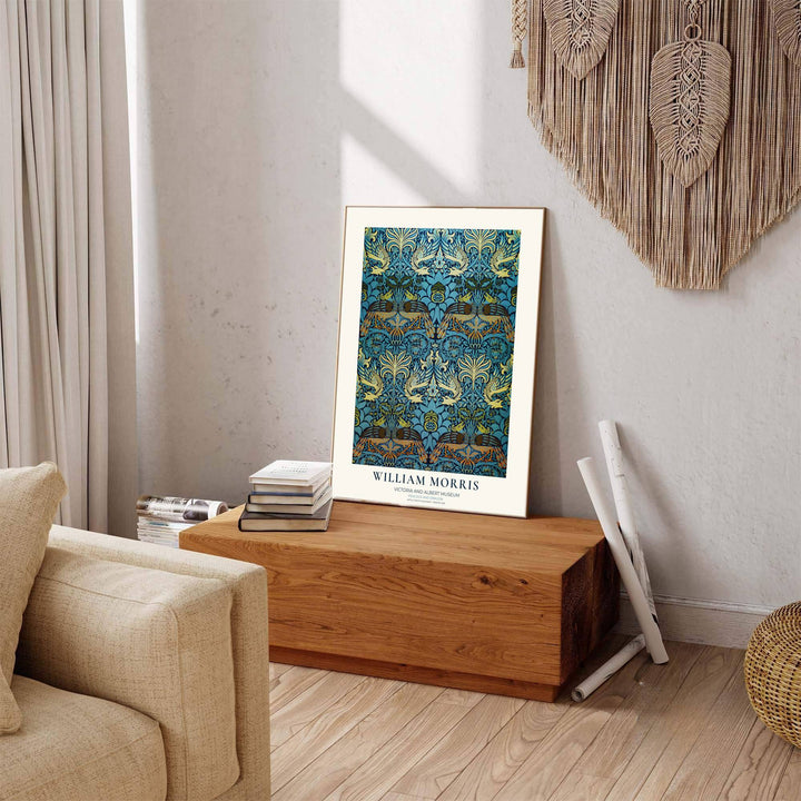 Restored 1878 William Morris Peacock and Dragon artwork combining medieval craft with modern frames. MapYourDreams delivers beautiful framed, unframed, and canvas options available for your home decor.