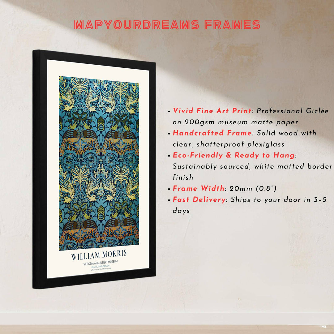 Teal blue and gold peacock art print by William Morris, perfect for nature-inspired interiors. MapYourDreams offers classic framed, unframed, and canvas options available for fast and reliable shipping.