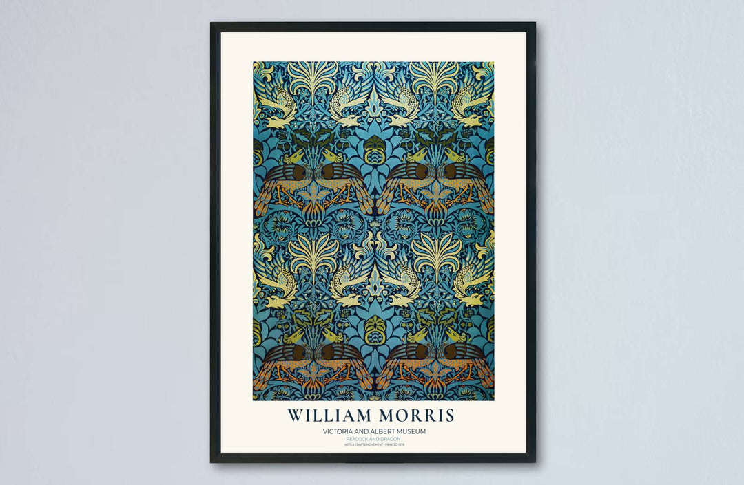 Vintage English tapestry print showing a dense pattern of peacocks and leaves from MapYourDreams. Select archival framed, unframed, and canvas options available to complete your gallery wall design.