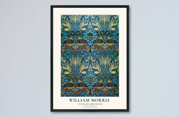 Vintage English tapestry print showing a dense pattern of peacocks and leaves from MapYourDreams. Select archival framed, unframed, and canvas options available to complete your gallery wall design.