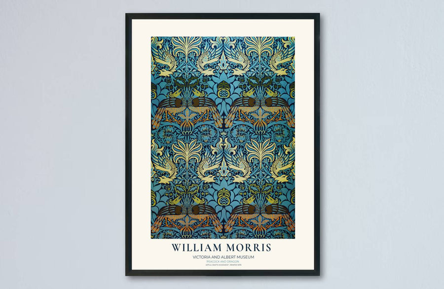 Vintage English tapestry print showing a dense pattern of peacocks and leaves from MapYourDreams. Select archival framed, unframed, and canvas options available to complete your gallery wall design.