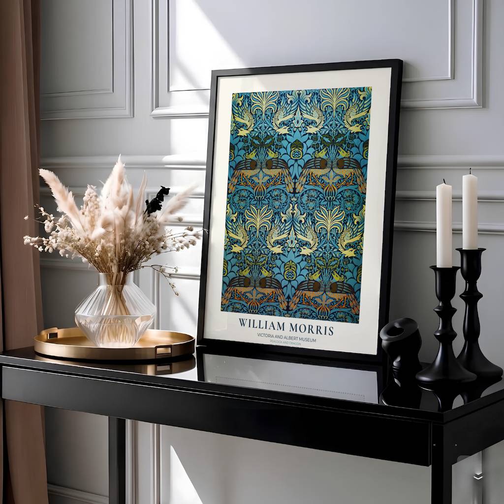 Historic Victorian tapestry exhibition poster featuring golden peacocks and dragons. MapYourDreams offers custom framed, unframed, and canvas options available to bring classic English heritage art to your space.