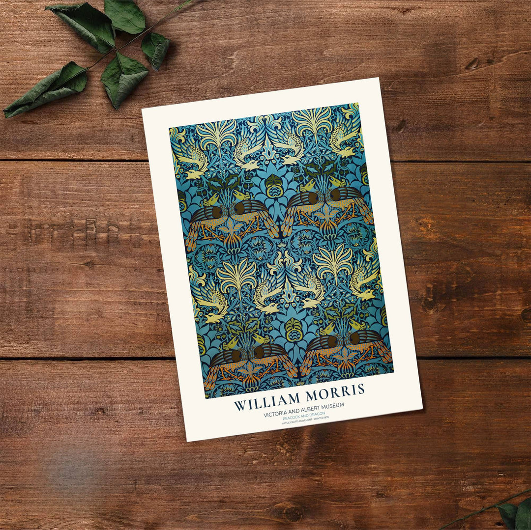 Vibrant peacock art decor print featuring William Morris graphics for dining and living rooms. Shop versatile framed, unframed, and canvas options available at MapYourDreams now for classic charm.